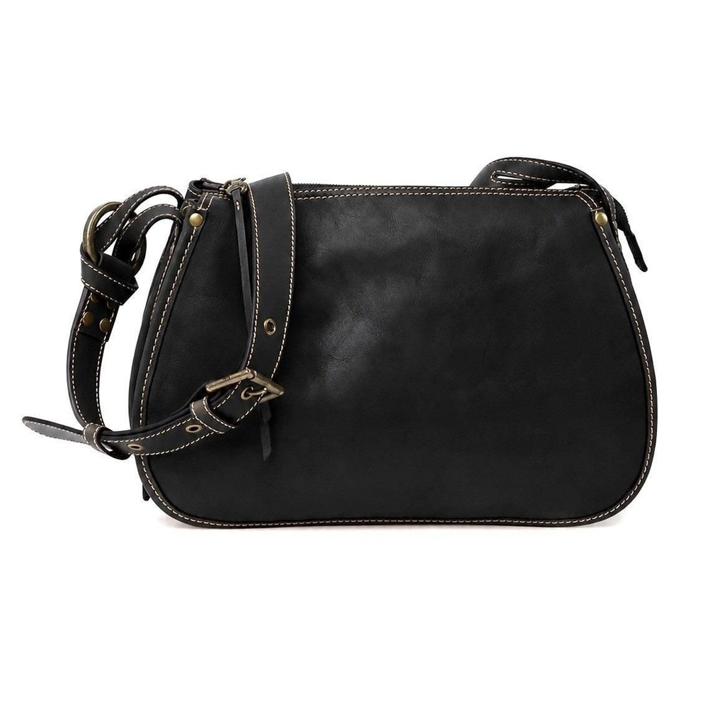 Hobo Ridge 100% Leather Saddle Bag Black Shoulder Crossbody Brass Zip Pockets